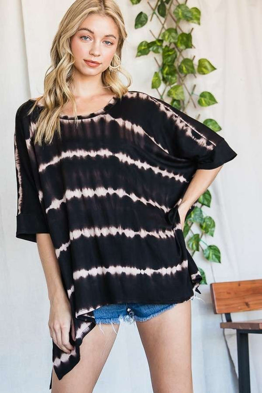 Round Neck Striped Tie-Dye Short Sleeve Tunic