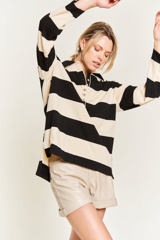 All-Over Striped Jersey Knit Long Sleeve Top