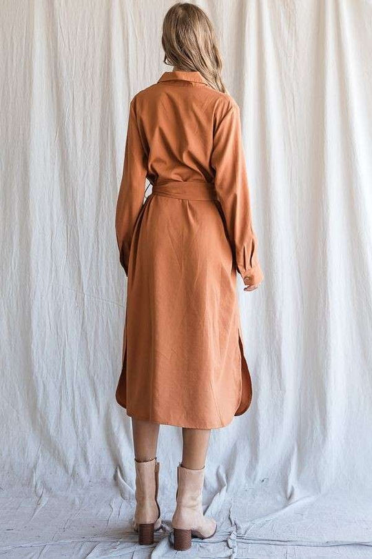 Solid Button-Down Belted Long Dress