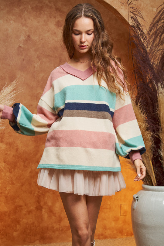 V-Neck Multi Color Stripe Long Sleeve Top