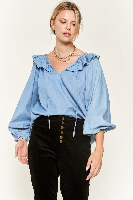 Ruffled V-Neck Tie Straps Blouse