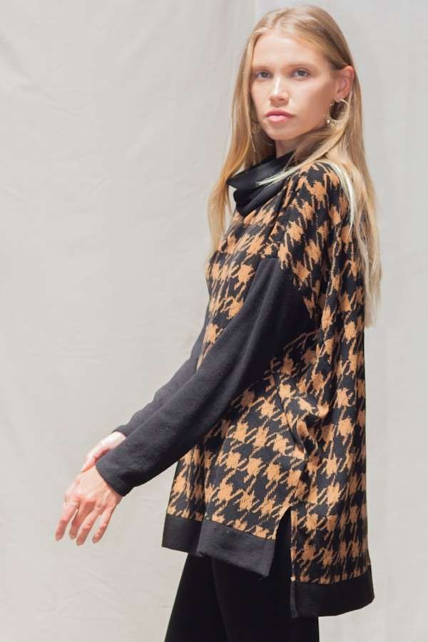 Houndstooth Cowl Neck Tunic