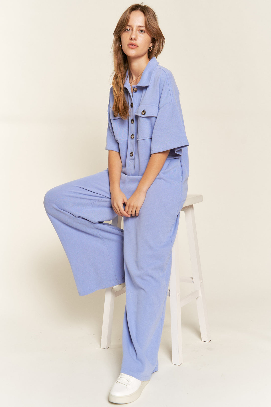 Basic Collar Shirt Wide Leg Jumpsuit