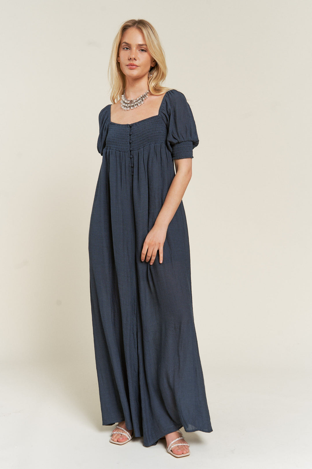 Smocked Neck Wide Leg Jumpsuit