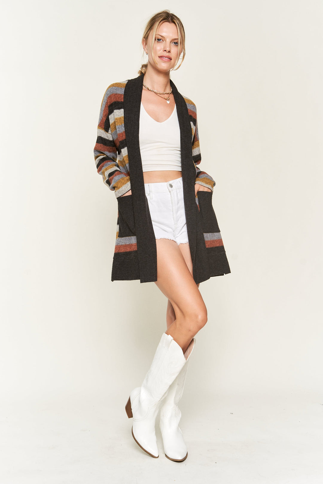 Multi-Color Striped Open Cardigan