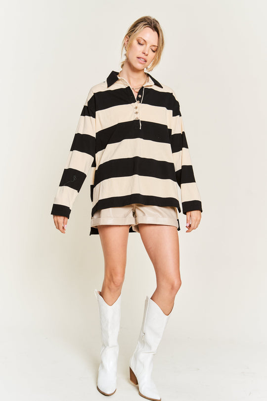 All-Over Striped Jersey Knit Long Sleeve Top