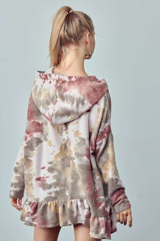 Fluffy Tie Dye Hoodie Ruffle Top