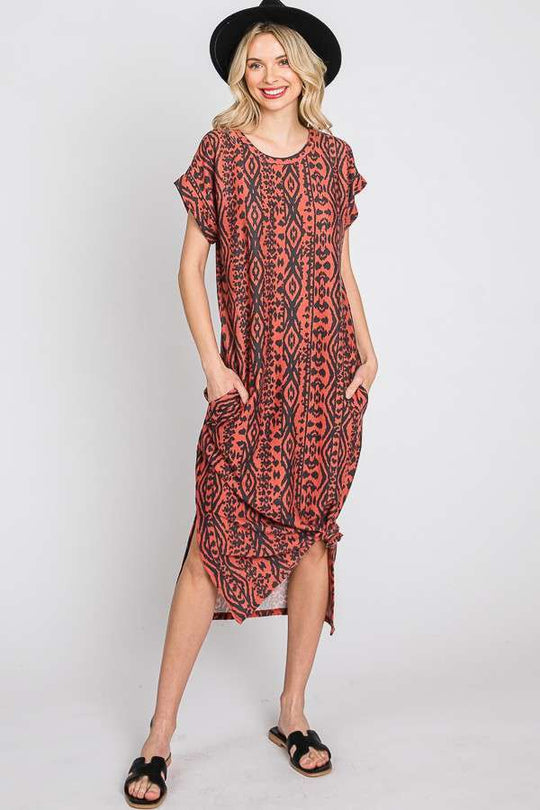 Aztec Print Midi Dress w/ Side Slit