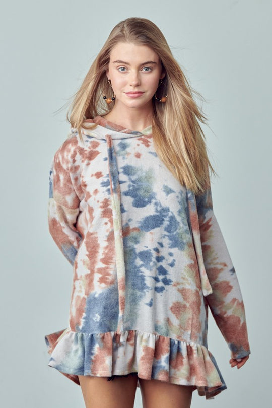 Fluffy Tie Dye Hoodie Ruffle Top