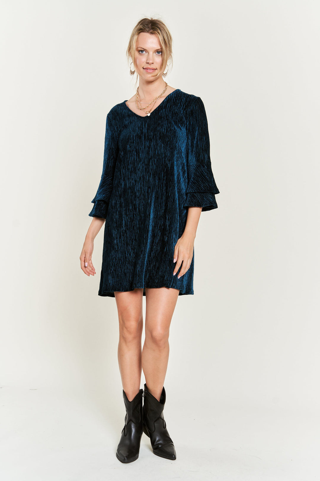 Velvet Bell Sleeve Layered Short Dress