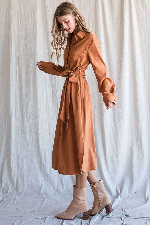 Solid Button-Down Belted Long Dress