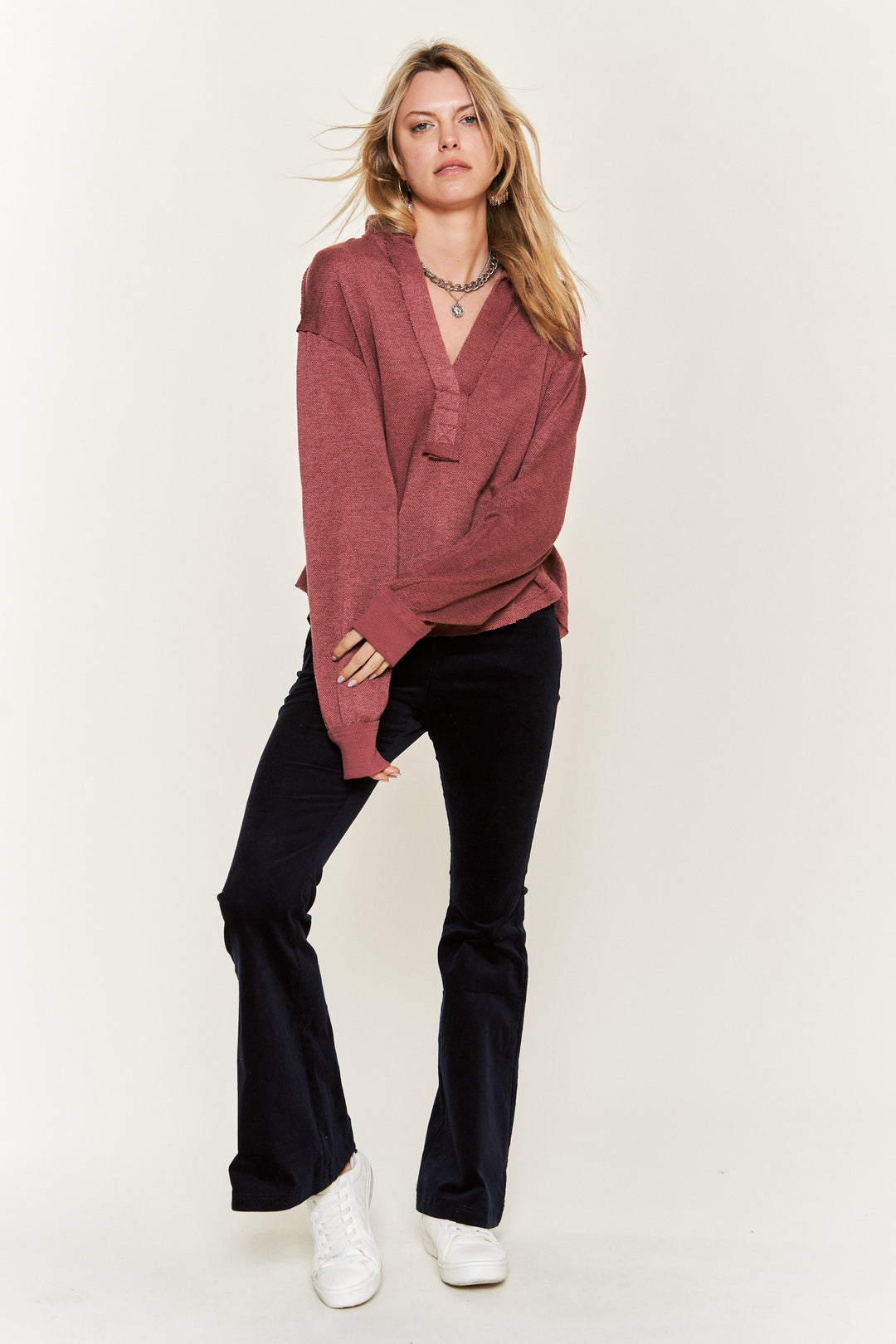 Deep V-Neck Collared Long Sleeve Knit Top