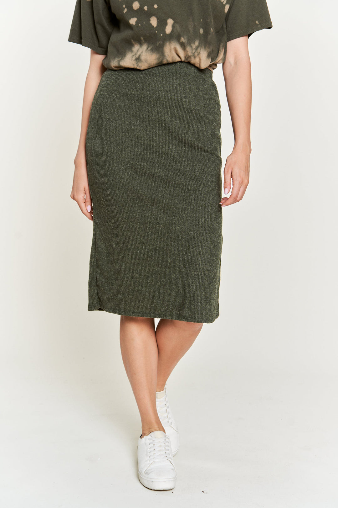 Ribbed Side-Slit Midi Skirt