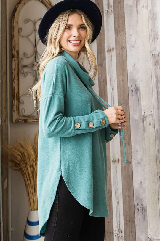 Cowl Neck Button Tab Sleeve Tunic