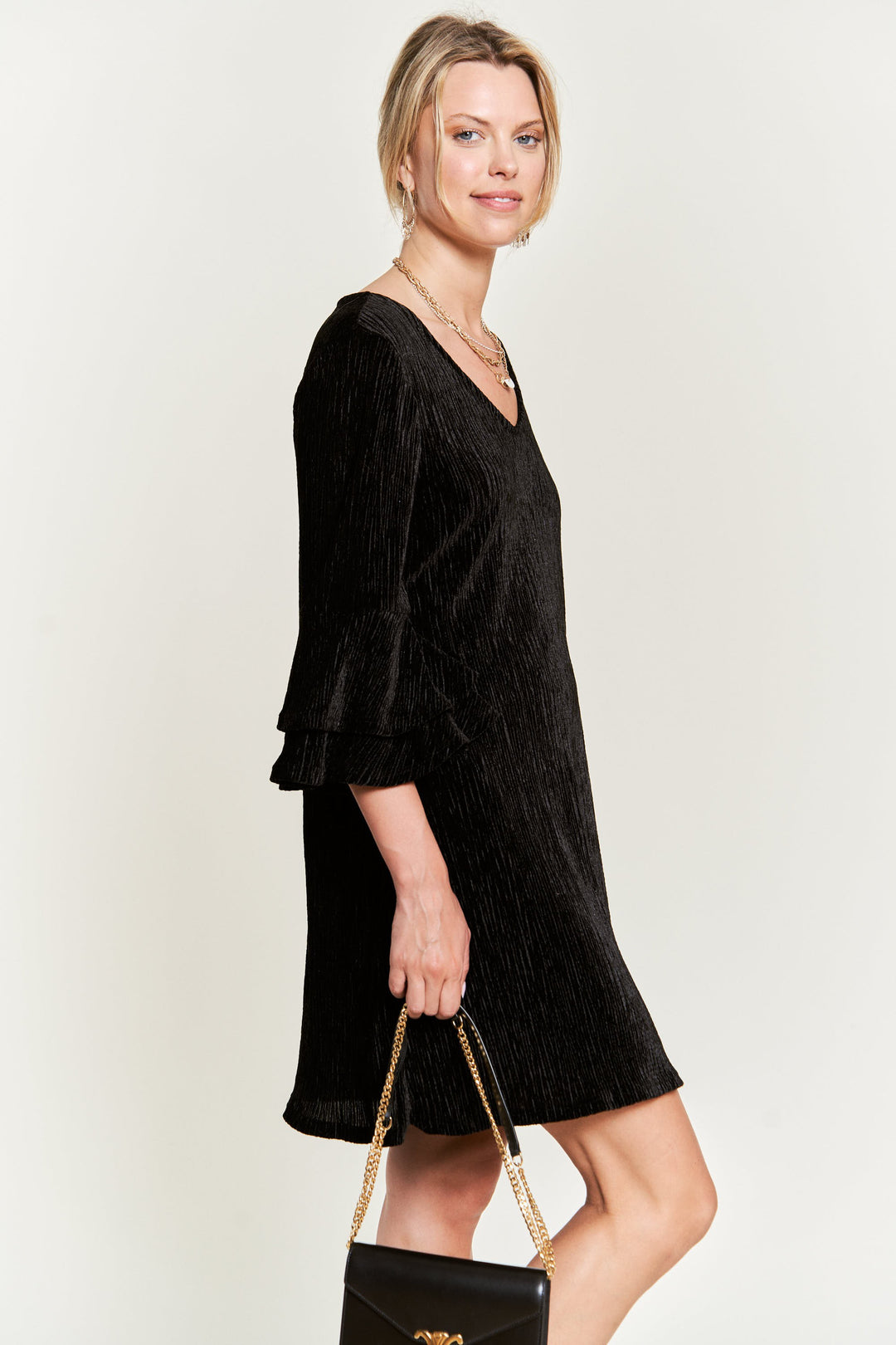 Velvet Bell Sleeve Layered Short Dress