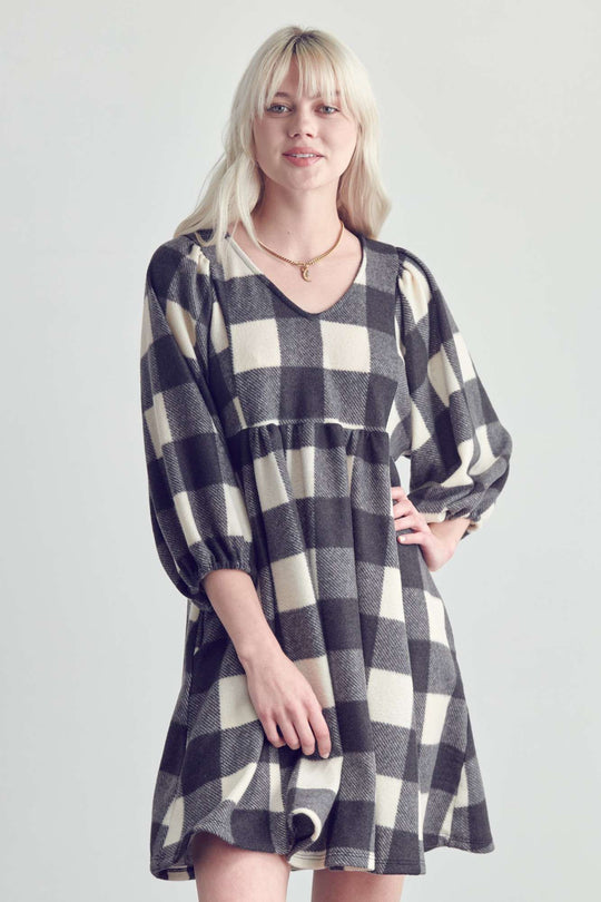 Plaid V-Neck Babydoll Dress