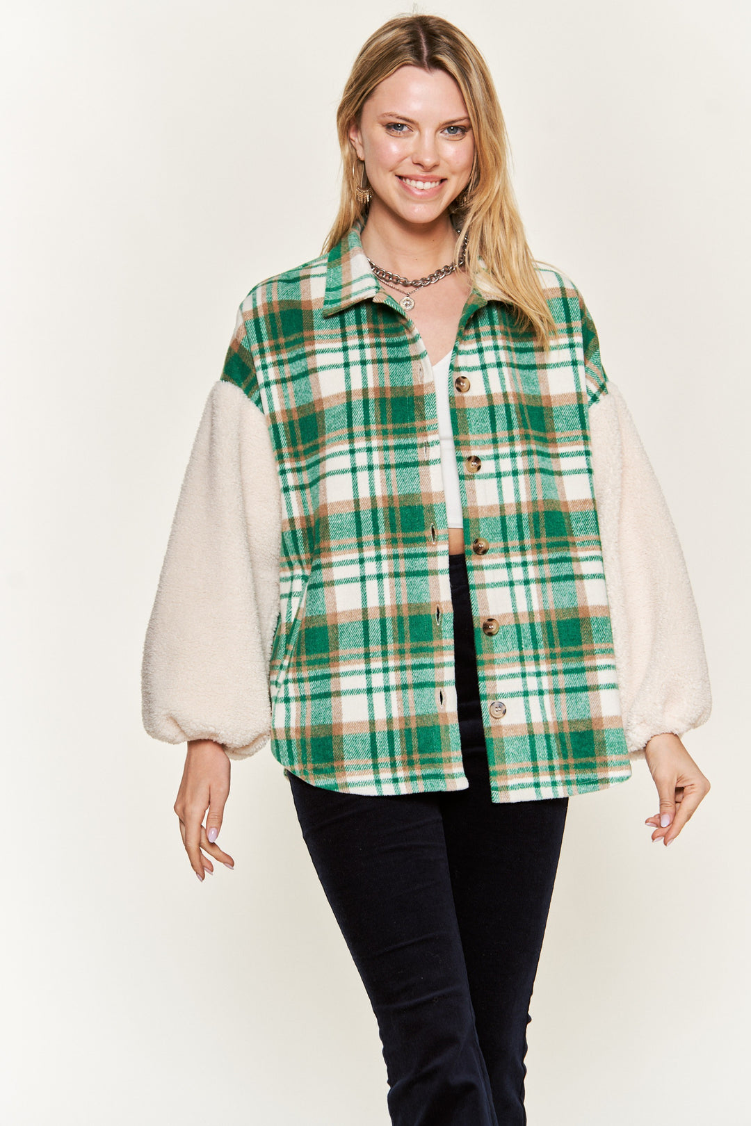 Plaid Fuzzy Sleeve Jacket