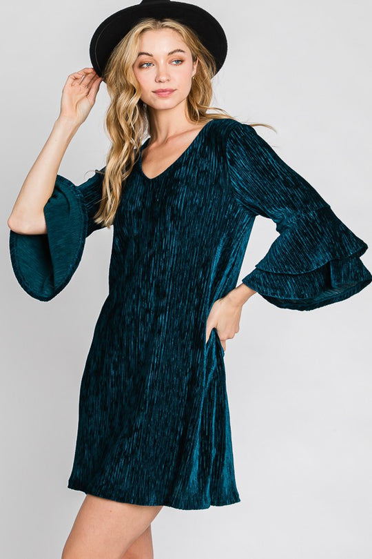 Velvet Bell Sleeve Layered Short Dress