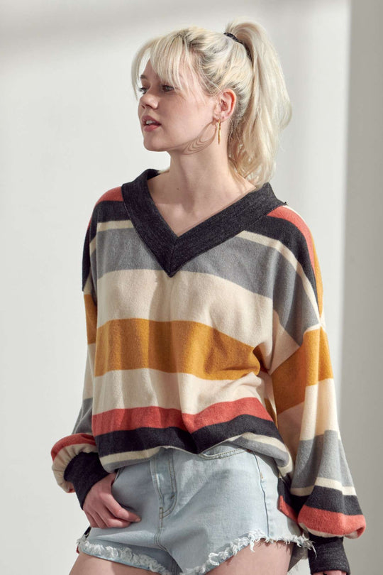 V-Neck Multi Color Stripe Long Sleeve Top