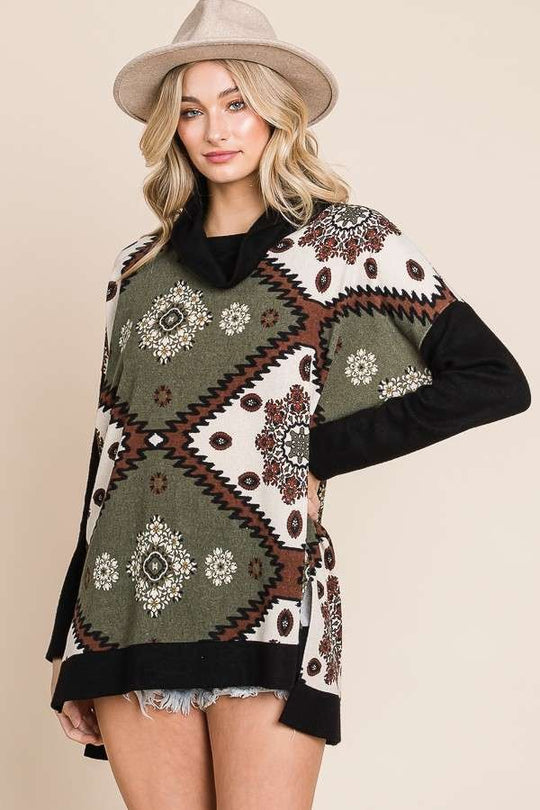 Aztec Floral Print Cowl-Neck Top