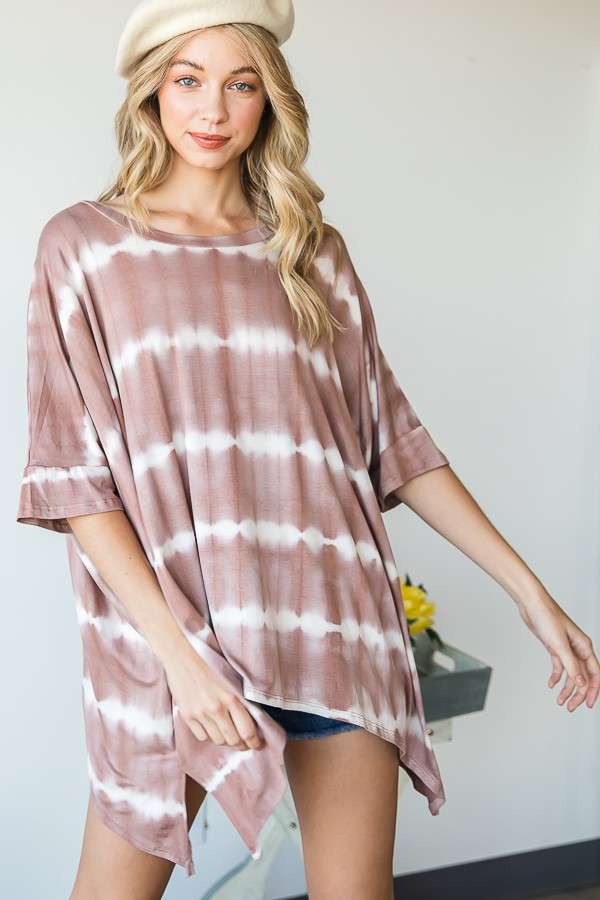 Round Neck Striped Tie-Dye Short Sleeve Tunic