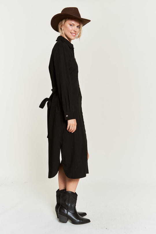 Solid Button-Down Belted Long Dress