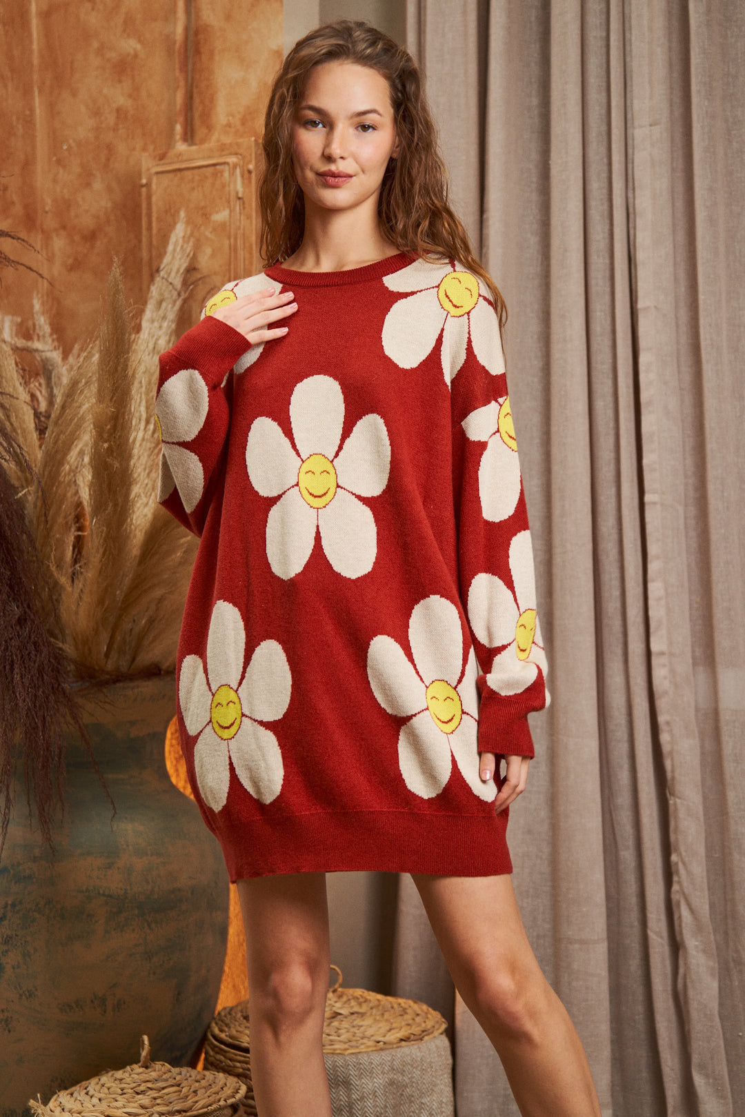 Happy Face Floral Print Knit Sweater Dress