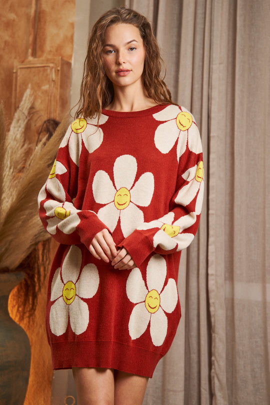 Happy Face Floral Print Knit Sweater Dress