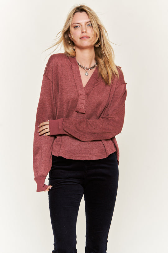 Deep V-Neck Collared Long Sleeve Knit Top