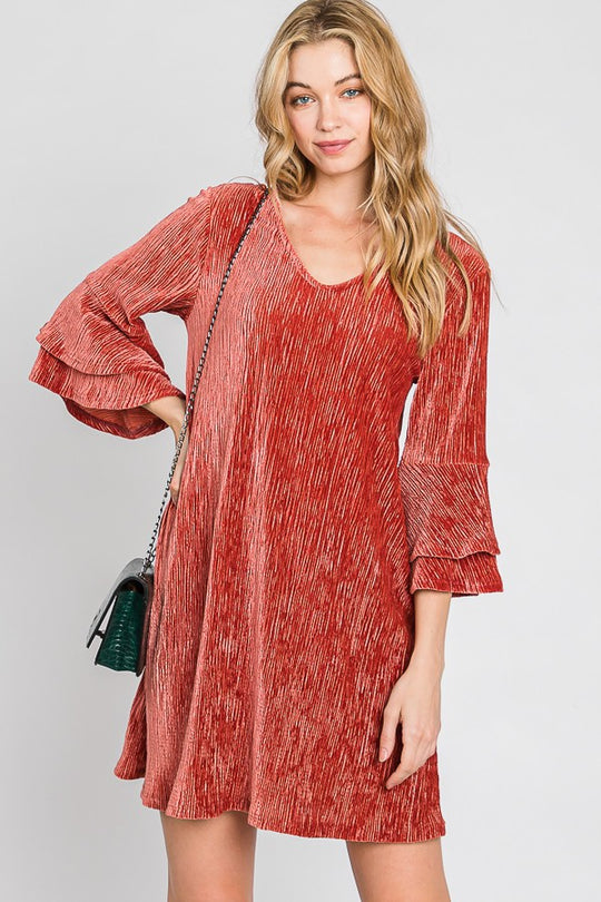 Velvet Bell Sleeve Layered Short Dress