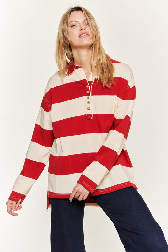 All-Over Striped Jersey Knit Long Sleeve Top