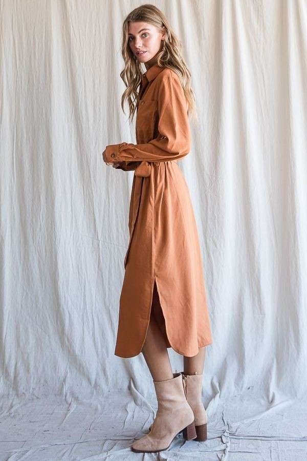 Solid Button-Down Belted Long Dress