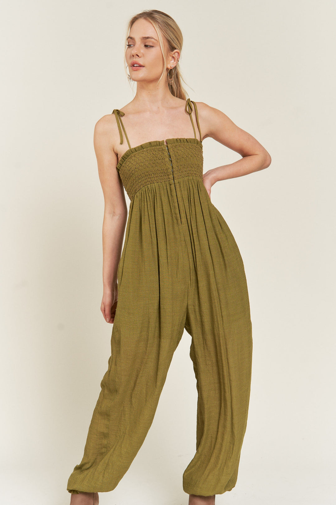 Smocked Tie Strap Jumpsuit