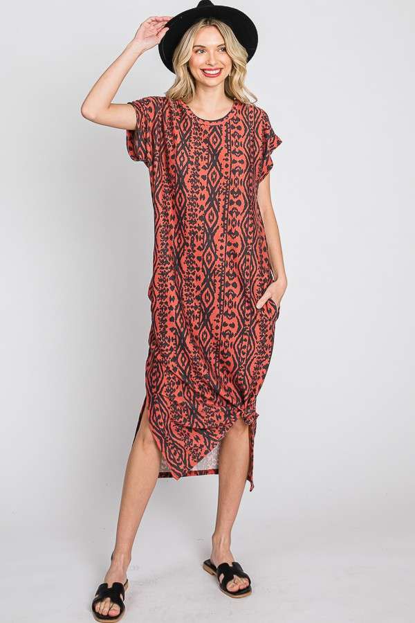 Aztec Print Midi Dress w/ Side Slit