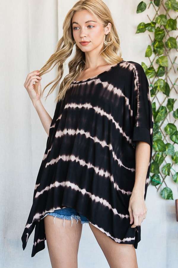 Round Neck Striped Tie-Dye Short Sleeve Tunic