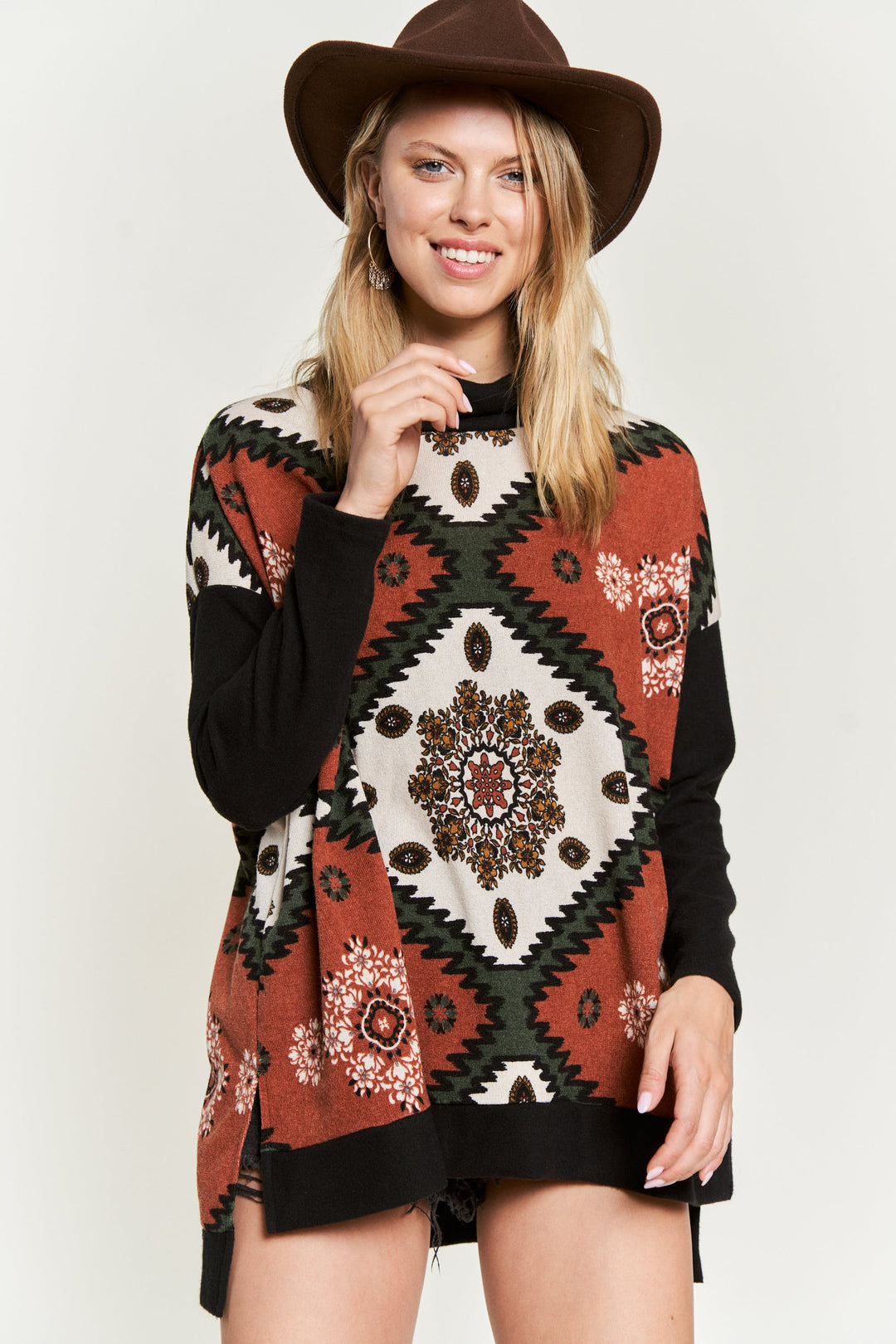 Aztec Floral Print Cowl-Neck Top