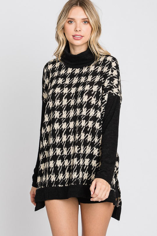 Houndstooth Cowl Neck Tunic