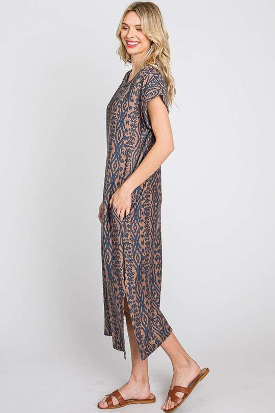 Aztec Print Midi Dress w/ Side Slit