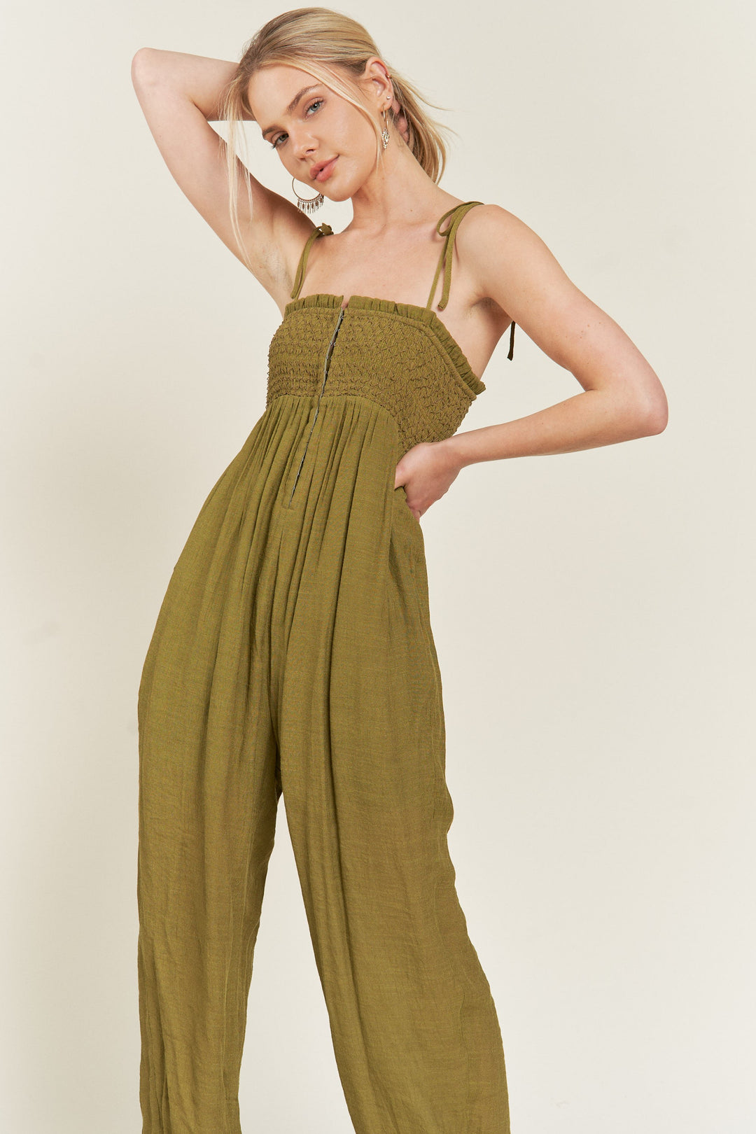 Smocked Tie Strap Jumpsuit