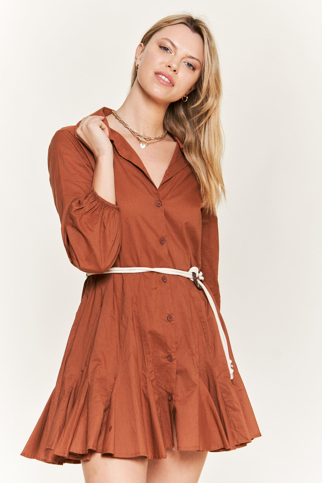 Solid Flare Shirt Dress w/ Belt