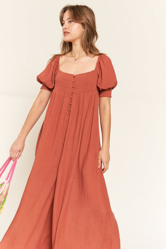 Smocked Neck Wide Leg Jumpsuit