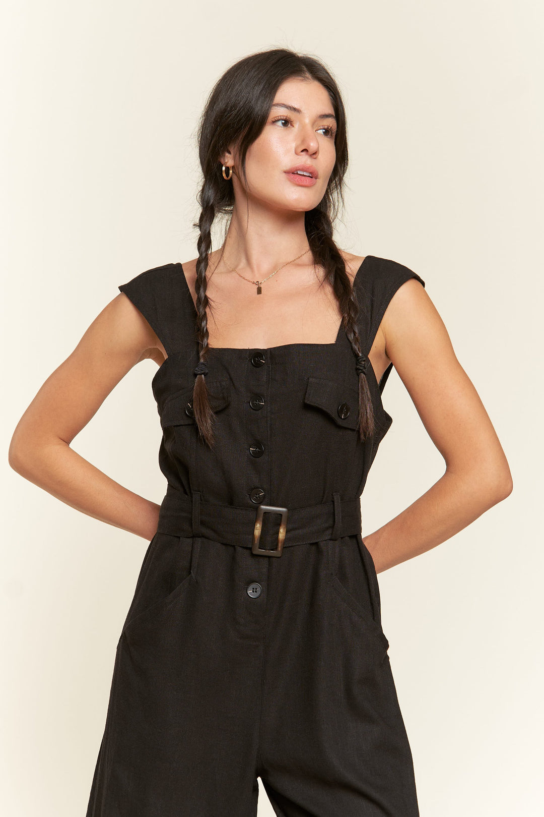 Sleeveless Square Neck Button Down Ankle Jumpsuit