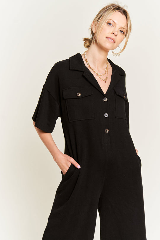 Basic Collar Shirt Wide Leg Jumpsuit