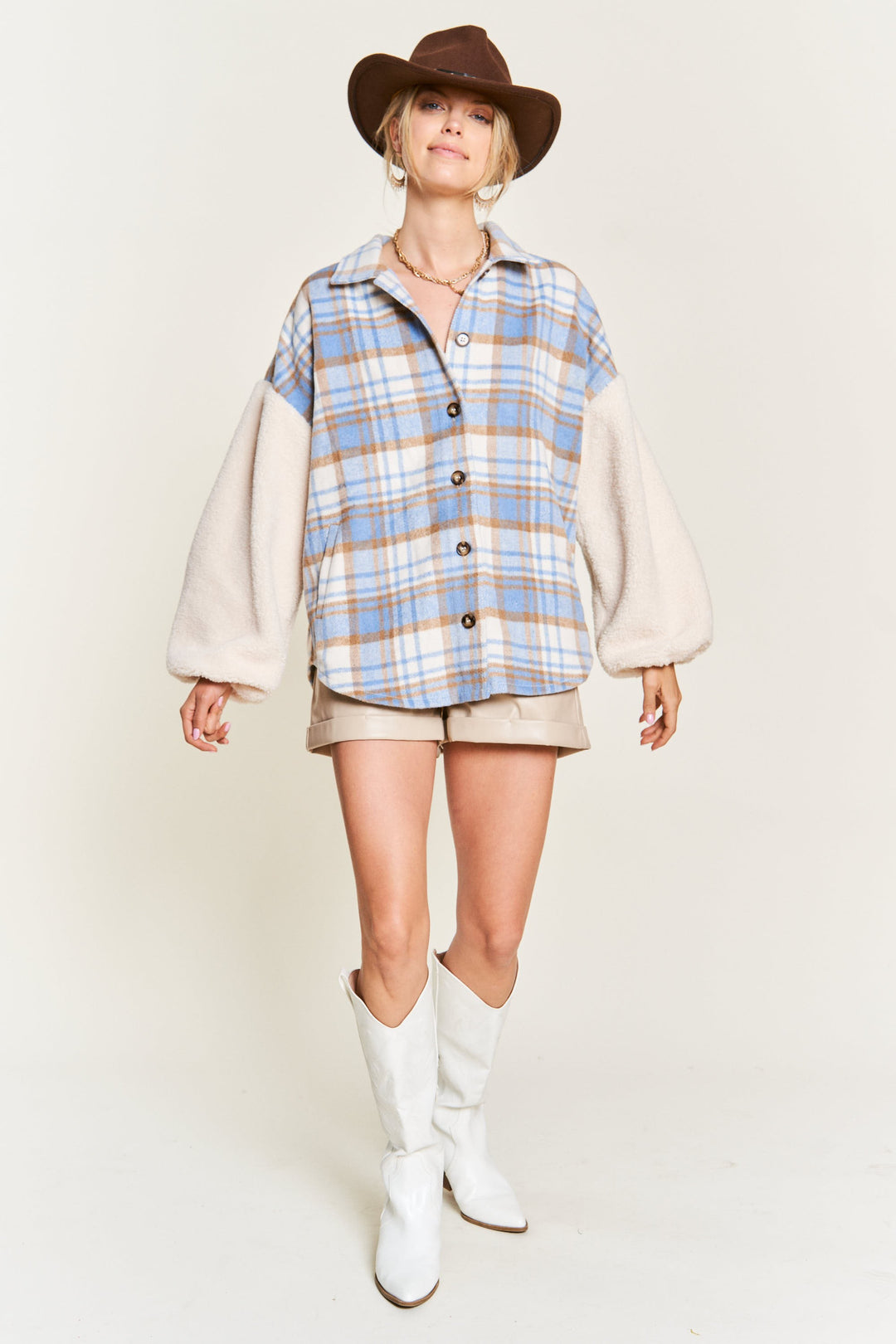 Plaid Fuzzy Sleeve Jacket