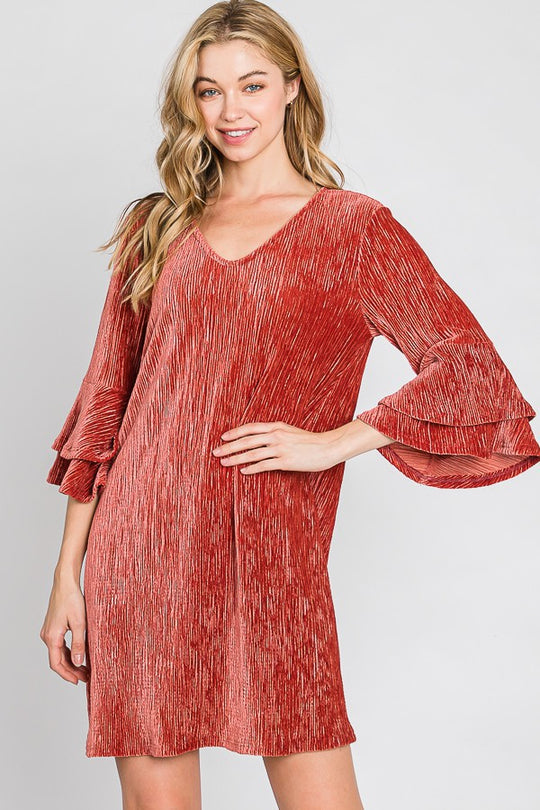 Velvet Bell Sleeve Layered Short Dress