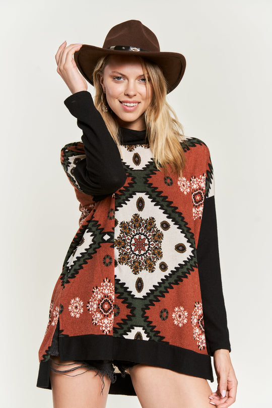 Aztec Floral Print Cowl-Neck Top