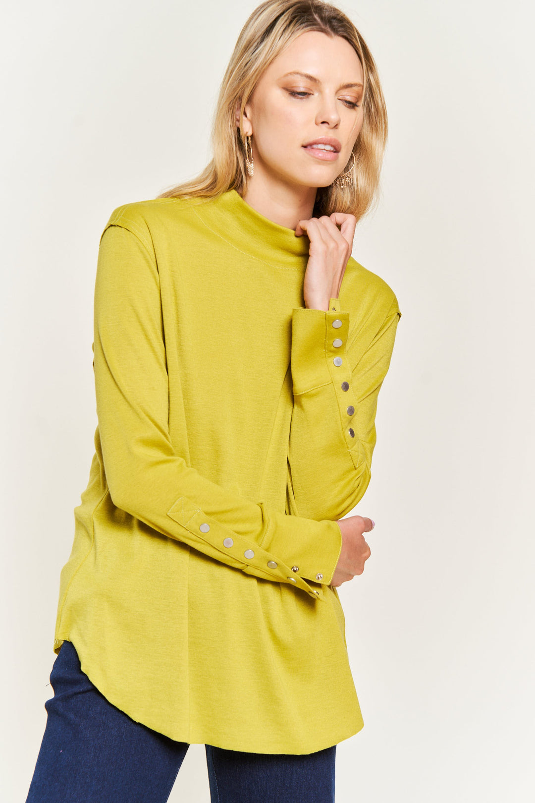 Mock Neck Button Cuffs Pullover