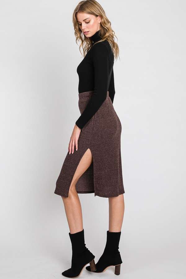 Ribbed Side-Slit Midi Skirt