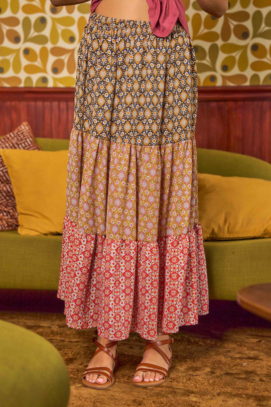 Multi-Print Layered Long Skirt