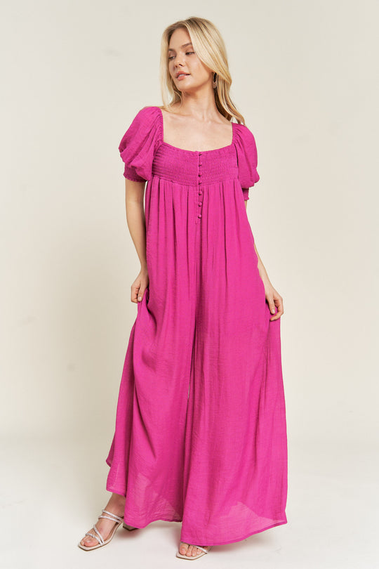 Smocked Neck Wide Leg Jumpsuit